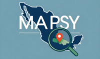 Logo de Mapsy con mapa de México, lupa y pin de ubicación resaltando el estado de Tabasco, enfocado en SEO local y Google Maps.